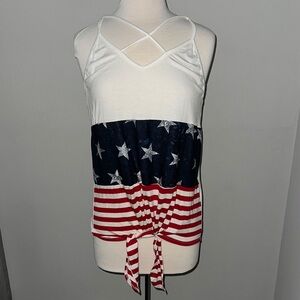 BiBi White and Blue Sleeveless Tie Front Tank Top